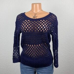 Y2K‎ Navy Open-Knit Crochet Sweater | Sheer Long Sleeve | 2000s Layering Top
